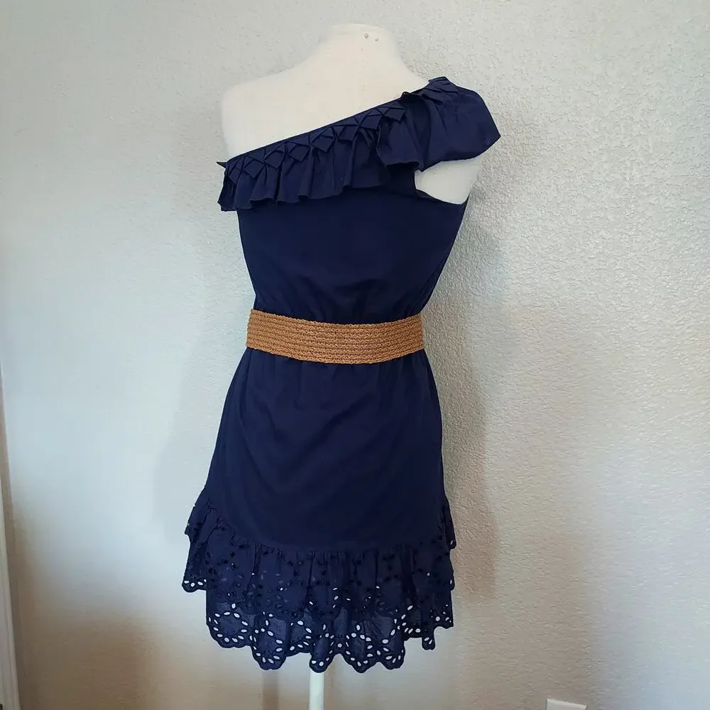 Nine West Blue One Shoulder Lace Hem Dress w/Belt Size 10P - Picture 8 of 11